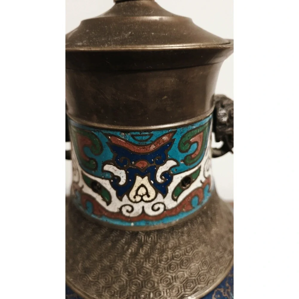 Vintage Japanese Champleve Bronze Enamel Cloisonne Table Lamp Works!